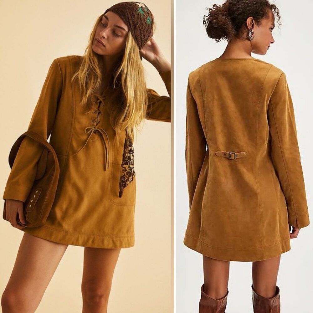 Free People Bradley Faux Suede Mini Dress in Tan- Size  Small Petite - NWOT - Picture 2 of 16